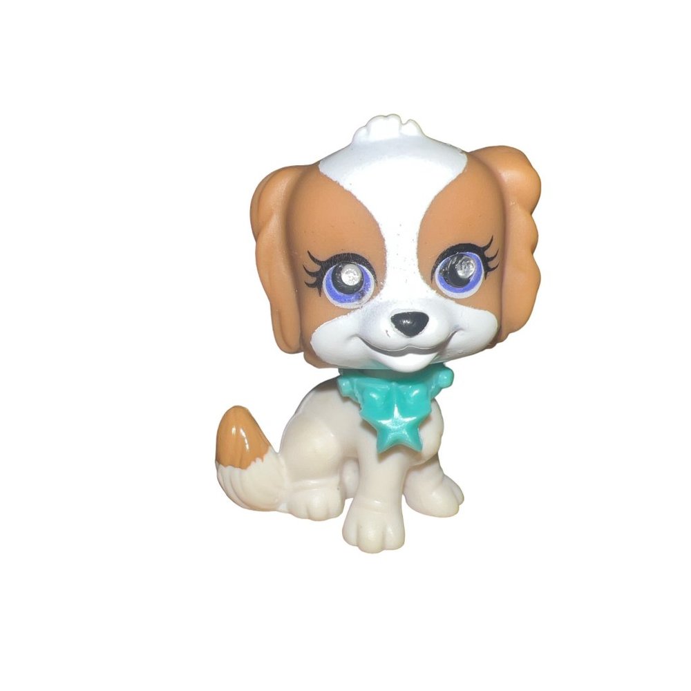 Polly Pocket‎ Sparkling Pets Puppy Dog White Brown Toy Blue Collar Rhinestone 56